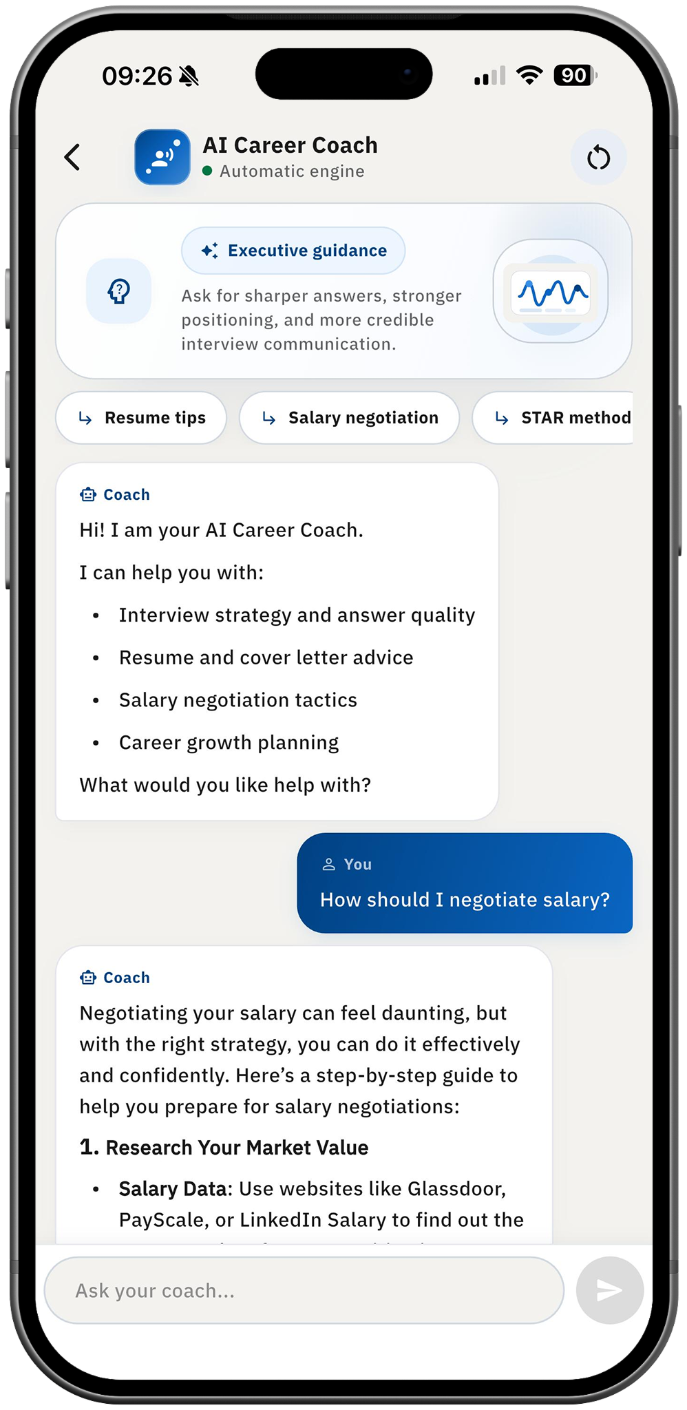 Career Coach AI chat helping with salary negotiation