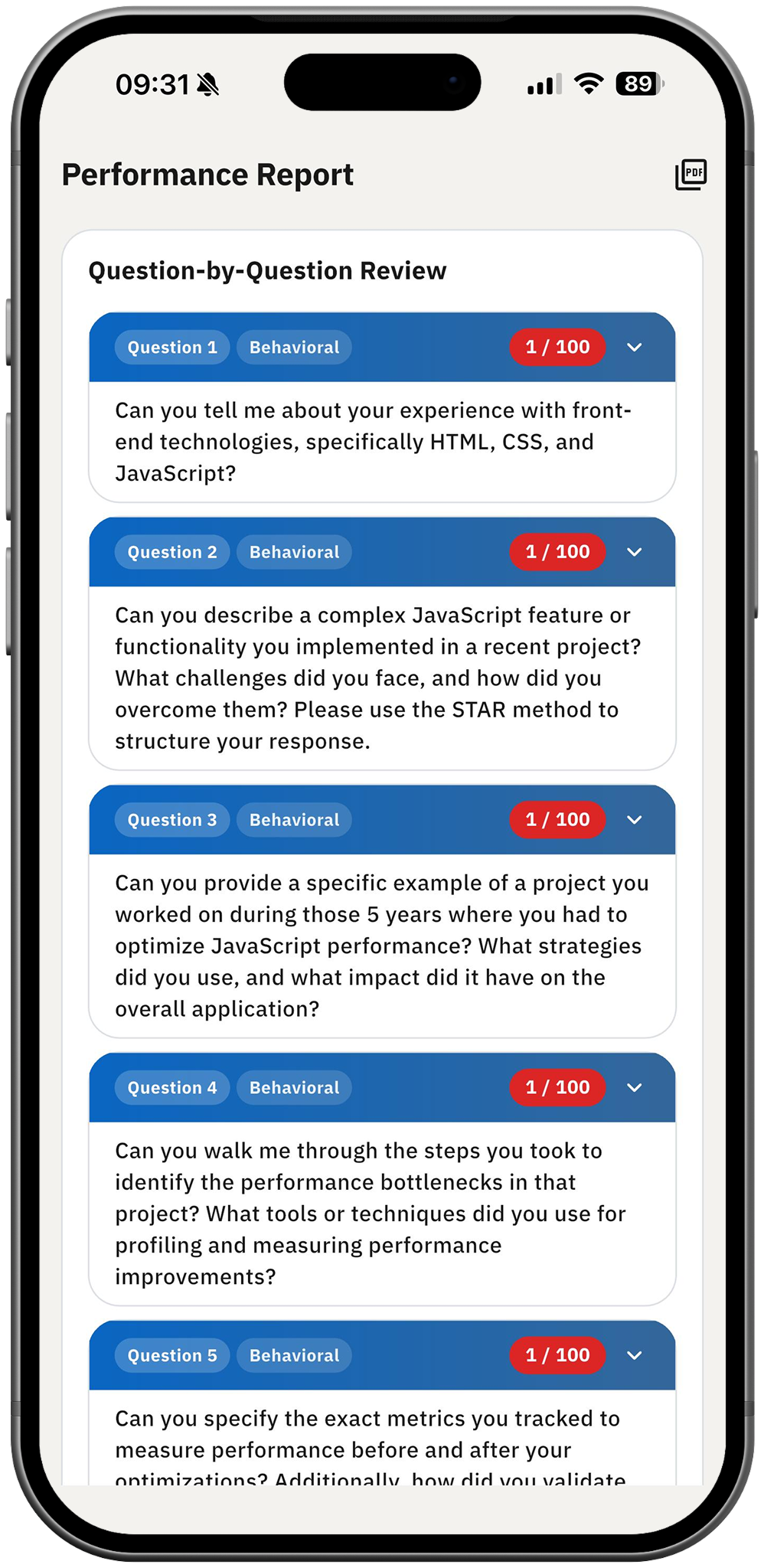 Career Coach AI performance report with question-by-question review