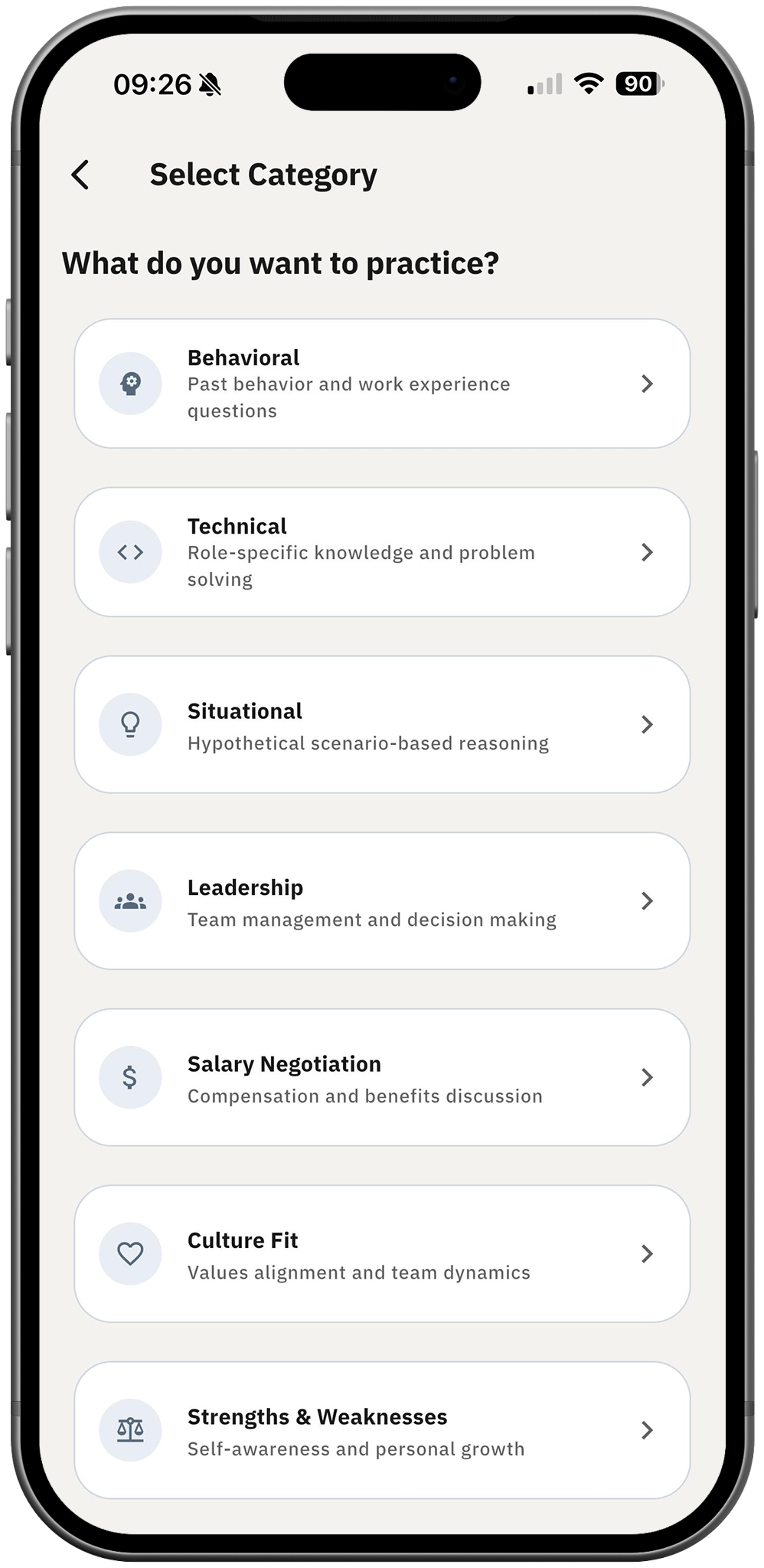 Career Coach AI practice category list for interview prep