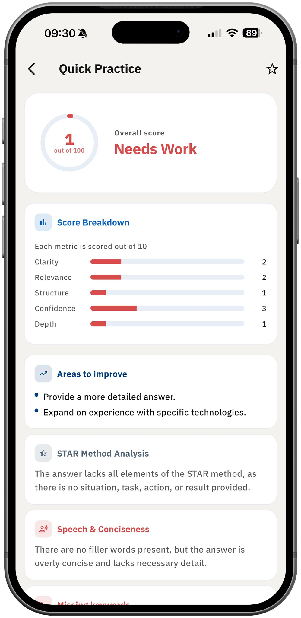 Career Coach AI Quick Practice feedback with STAR method analysis