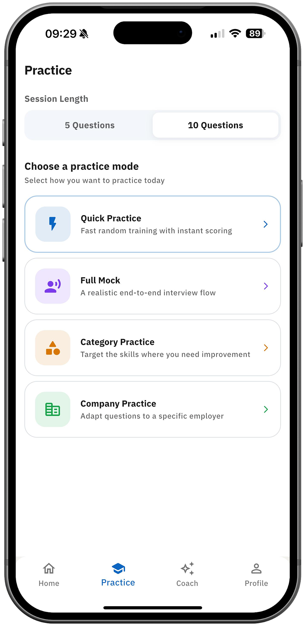 Career Coach AI Practice screen with Quick Practice, Full Mock and company modes
